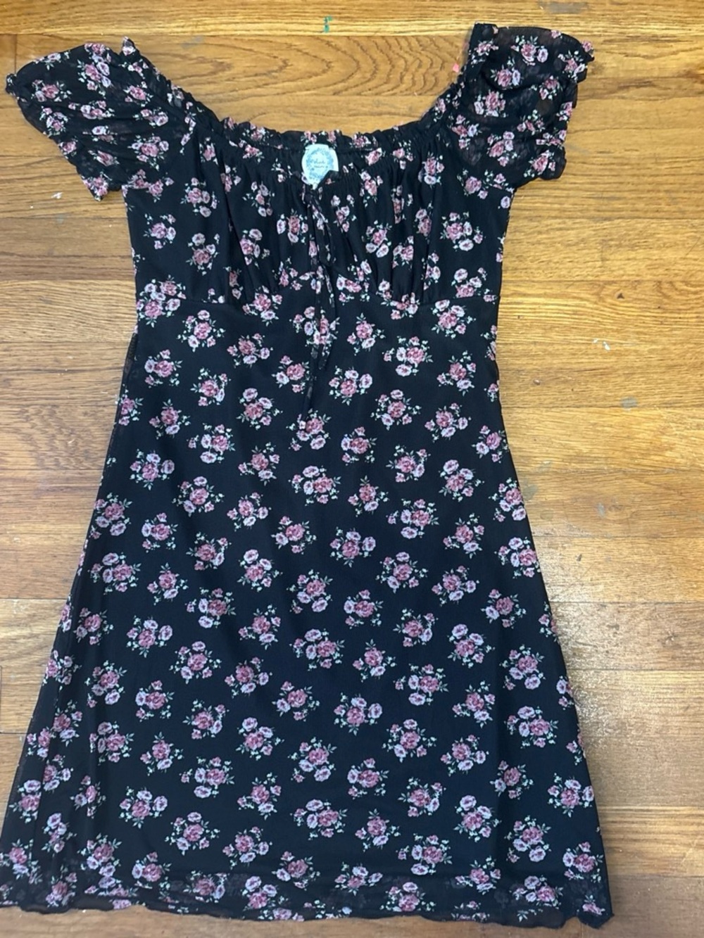 Blue Rain Black Off-Shoulder Mini Dress with Pink Rose Print